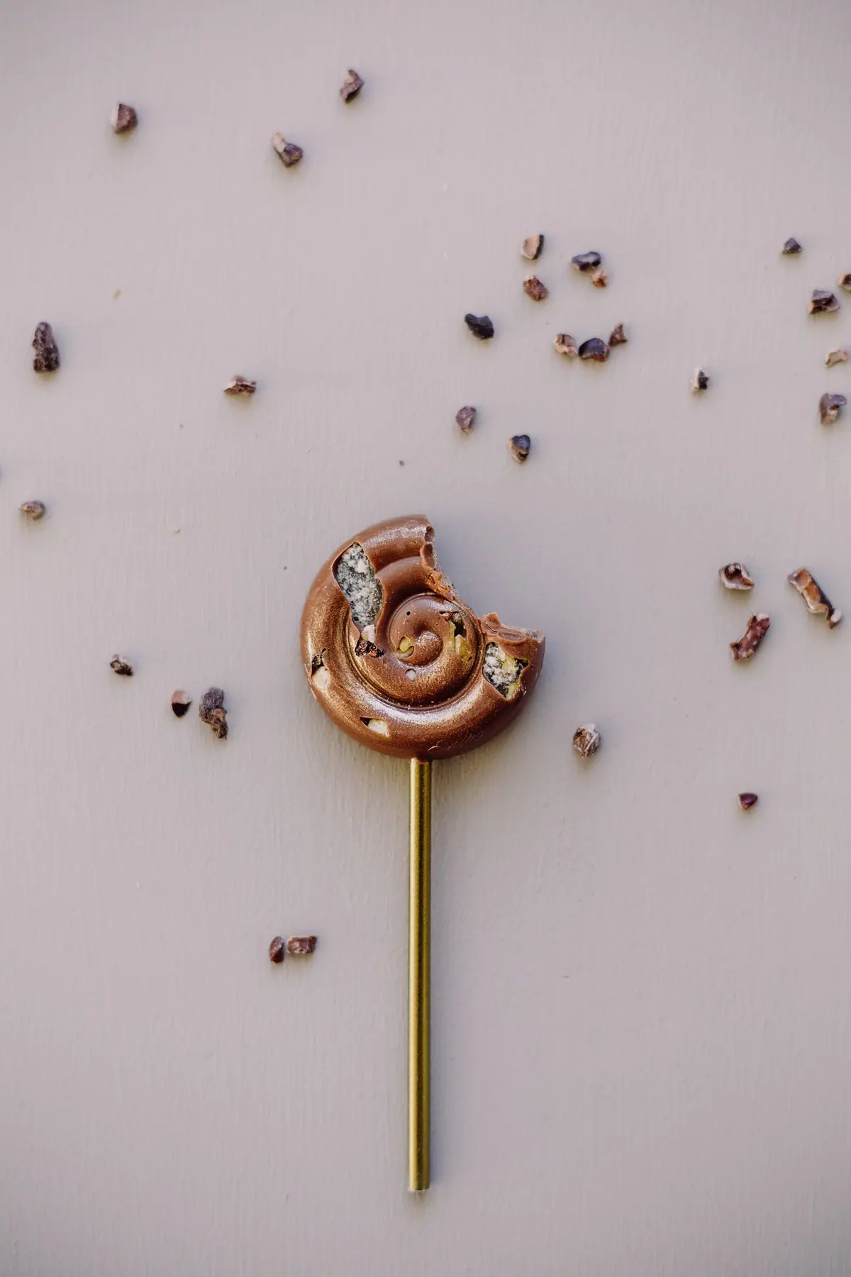 Ein Lolly aus Milchschokolade in Schneckenform am goldenen Stiel